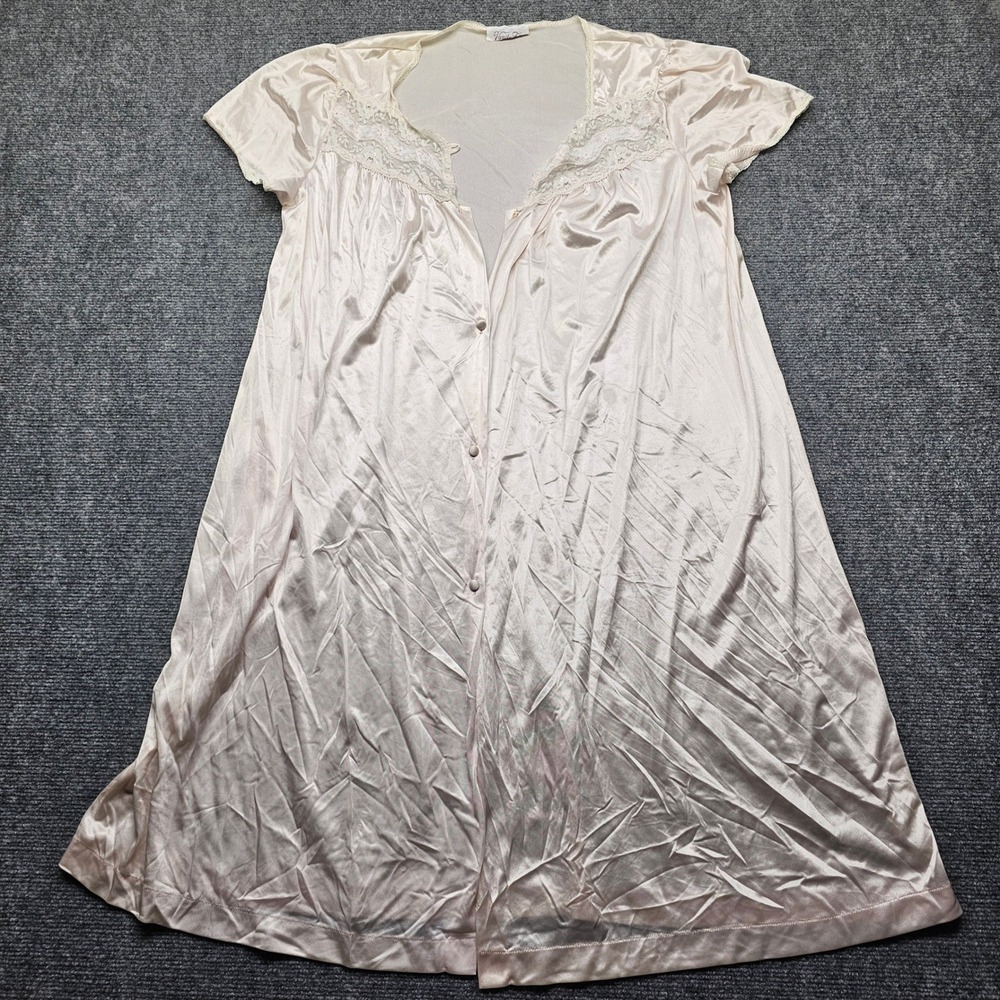Vintage Vanity Fair Nightgown Pink Satin Lace Trim Button Front Short Sleeve M